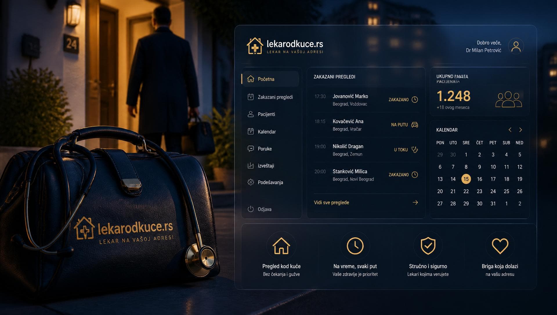 Doctor schedule interface for home visits with appointment statuses and patient list